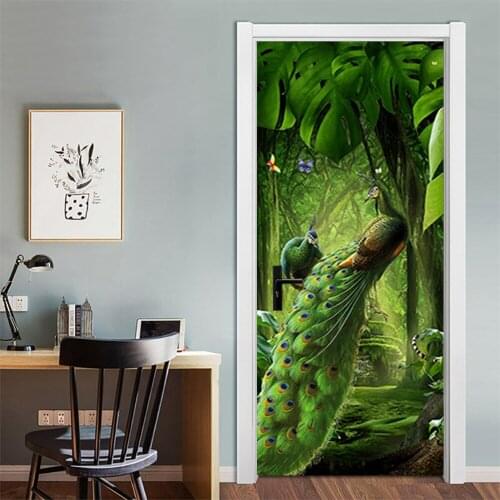 3D Peacock Forest PVC Door Sticker Self Adhesive Wallpaper On the Door DIY Renovation Waterproof Poster Home Decor Mural Decals