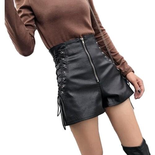 Idopy Fashion Womens PU Leather Shorts Motorcycle Wide Leg Side Lace Up Steampunk Slim Fit Zipper Up Faux Leather Shorts Female