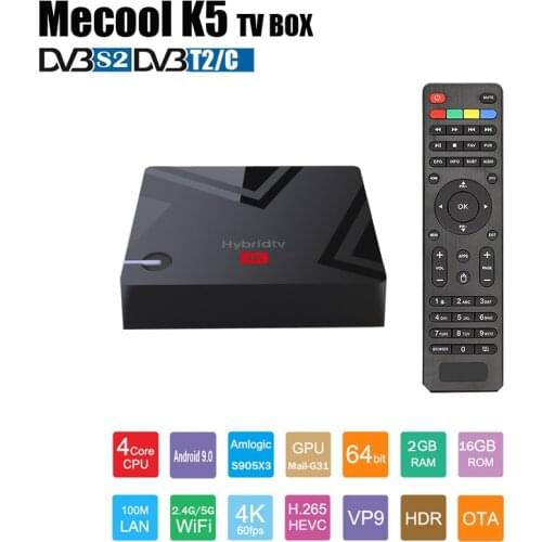 Mecool K5 Satellite Receiver DVB S2/T2/C Combo Smart TV Box OS Android 9.0 Amlogic S905x3 H.265 CPU RAM 2GB ROM 16GB 4K TV BOX