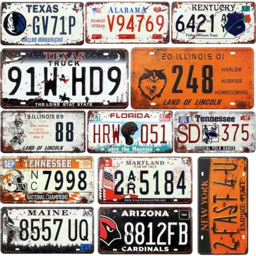 US Florida Texas Maryland Mississippi Car Number License Shabby Vintage Metal Wall Plates Garage Bar Home Decor 15x30cm Tin Sign