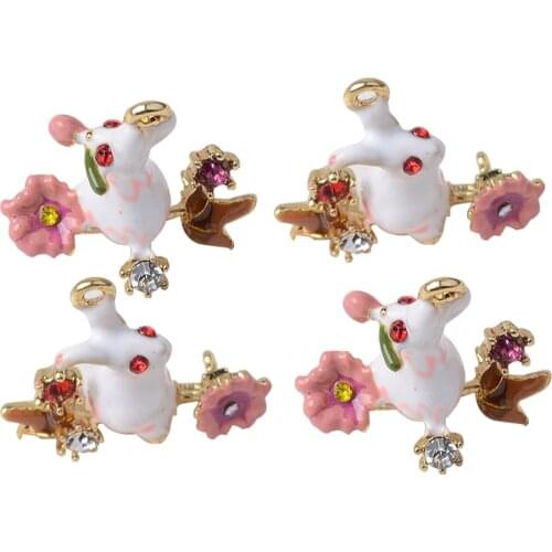 4Pcs Rhinestone Decorated Easter Rabbit with Flower for Hanging Charms Pendants /Earring Findings Crafts/Necklace Bracelets DIY