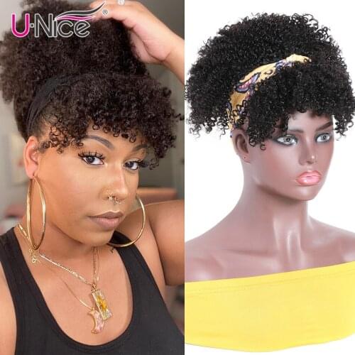 Unice Super Short Kinky Curly Human Hair Wigs With Removable Bangs 150% Density Wrap Wigs For African American Women