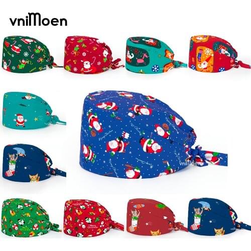 Vnimoen Unisex cotton Christmas scrub hat Santa Claus print Scrub cap High Quality beauty salon Elastic work cap