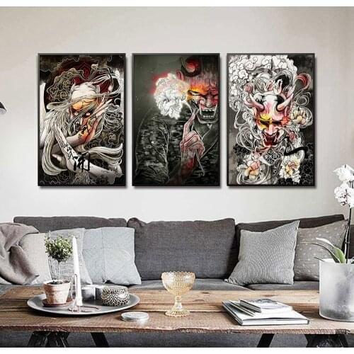 No frame Japanese Ukiyoe wall pictures for living room horrific Japan Samurai canvas print poster pictures for home design