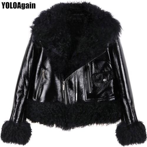YOLOAgain women big fur collar shearling jacket winter warm ladies black genuine leather jacket