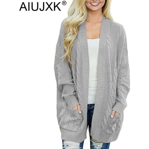 AIUJXK 2019 Plus Size Loose Knitted Cardigan For Women Long Sleeve Casual Black Pocket Twist Warm Knitted Sweater Coat Female