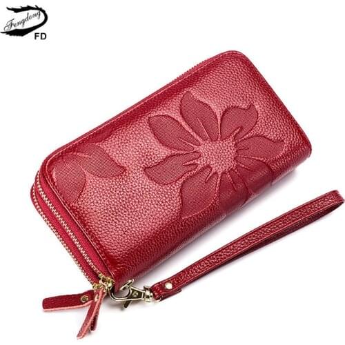 Fengdong ladies big card wallet women genuine leather phone wallet girl gift female big money bag vintage flower leather purse
