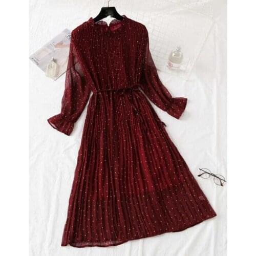 Women Print Pleated Chiffon Dress 2020 Spring Summer New Hot Fashion Female Casual Flare Sleeve Lotus leaf neck Basic Dresses