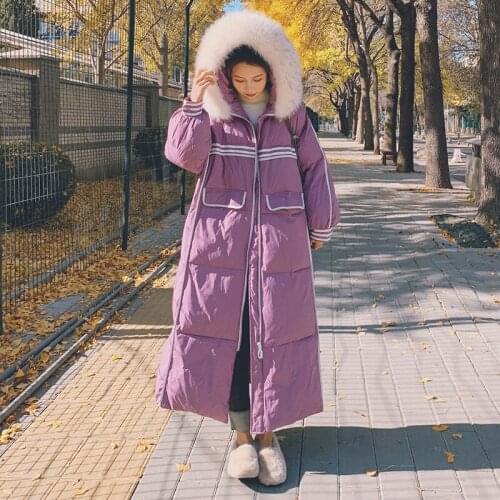 Winter Coat Female Purple Korean Loose Thick X-long Hooded Big Fur Collar Plus Size Down Warm Casual Long Sleeve Womens Jacket