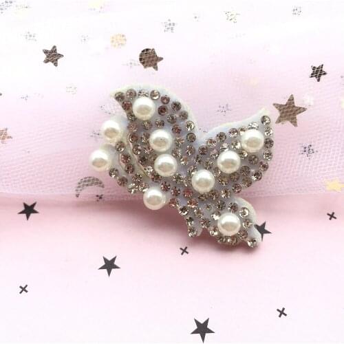 10pcs/Lot 30mm*45mm Padded Rhinestone & Pearl Butterfly Applique for DIY Clothes Hat Shoes Headwear Hair Clips Decor Patches