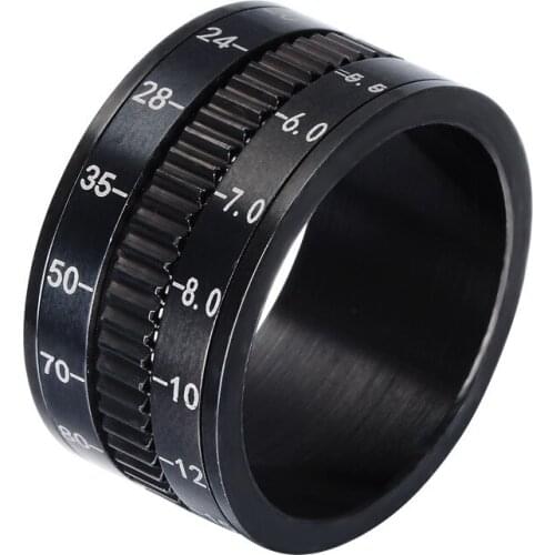 12mm Engraved Stainless Steel Band with Flat Edge and Rotating Center Camera Lens Dials Ring Stainless Steel Spinner Ring R00035