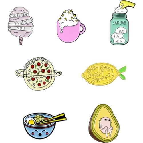 Delicious Food Brooches Lemon Avocado Pink Cup Sweeter Than You Pizza Planet Sad Jar Ramen Bowl Cute Pins Childrens Decoration