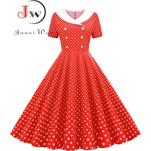 Polka Dot Print Women A-line Summer Dress Red Peter pan Collar Elegant Vintage Midi Party dress Casual Vestidos Plus Size Robe