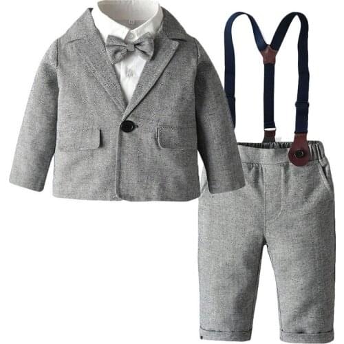 Baby Formal Gentleman Suit Toddler Wedding Baptism Birthday Clothes White Shirt with Bow Tie+Striped Jacket Coat +Trousers 3Pcs
