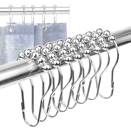 ETUUD 12Pcs/Set Ball Bead Easy Glide Shower Metal Hanging Nickel Plated Curtain Rings Hooks Clip Polished For Shower Rods