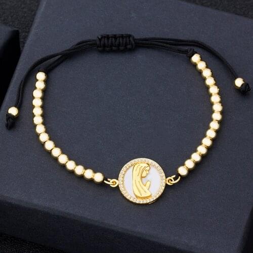 Delicate Fashion Bracelet Jesus Virgin Mary Angel Shell Pendant Adjustable Bracelets For Women Men Gold Color Beads Braided Gift