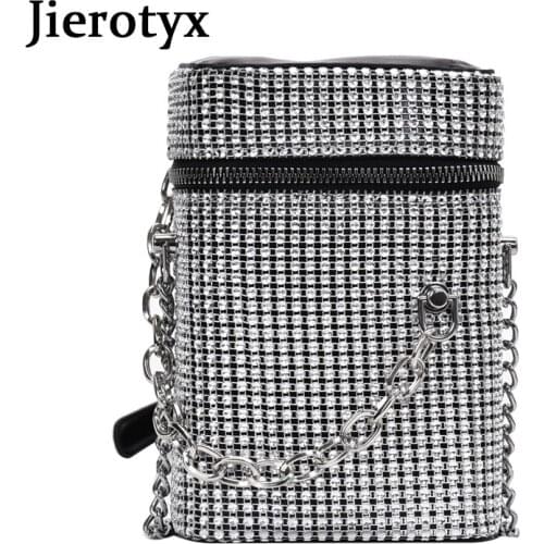 JIEROTYX Luxury Trendy Bags Womens Crossbody Bag Female Shoulder Bag Sliver Diamonds Rhinestone Fashion Bag Ladies Handbag
