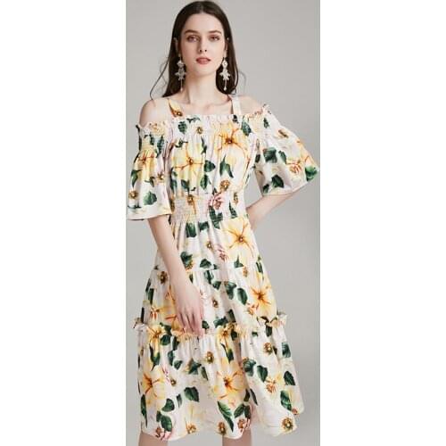 JSXDHK Summer Camellia Printed Dresses Runway Women Spaghetti Strap Flower Ruffles Elastic Waist Off Shoulder Boho Dress