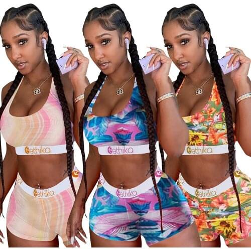 Sexy Two Piece Set Womens Sleeveless Round Tight Tops Collar Letter Pattern Printed Jogging Shorts Suits Wholesale Dropshipping