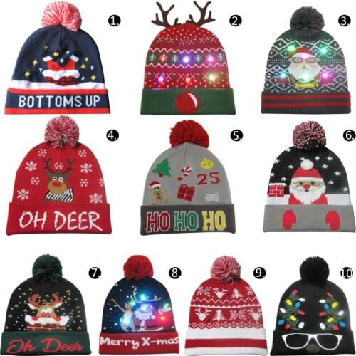 HOT 43 Designs LED Christmas Hats Beanie Sweater Christmas Santa Hat Light Up Knitted Hat For Kid Adult For Christmas Party