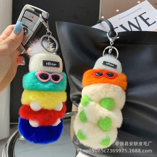 Kawaii Real Rabbit Fur Caterpillar Pendant Plush Car Keychain Cute Bag Ornaments Key Chains For Women Couple Dolls Handmade D897