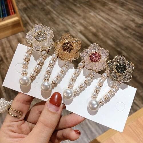 Trendy Fashion Pearl Hair Clip Women Elegant Crystal Flower Snap Barrette Stick Hairpin Hair Styling Accessories For Girls Women