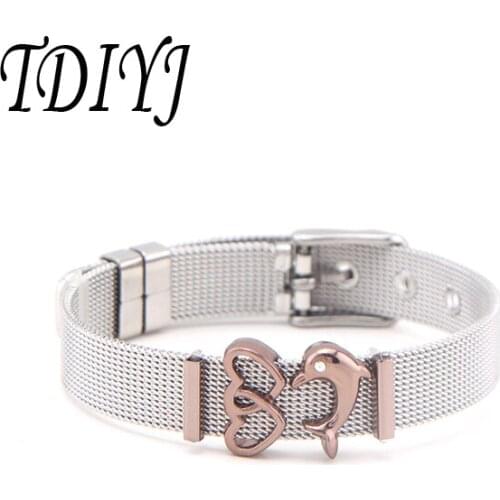 TDIYJ Fashion Women Stainless Steel Mesh Keeper Bracelets with Double Hearts Dophin Charms DIY Wrapp Bracelets Love gift