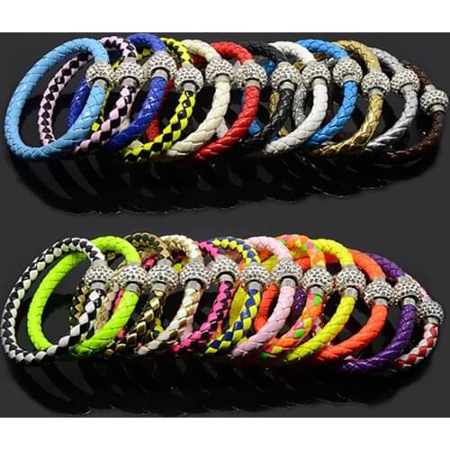 Fashion Colorful Crystal Magnetic Clasp PU Leather Bracelet Women Men Jewelry