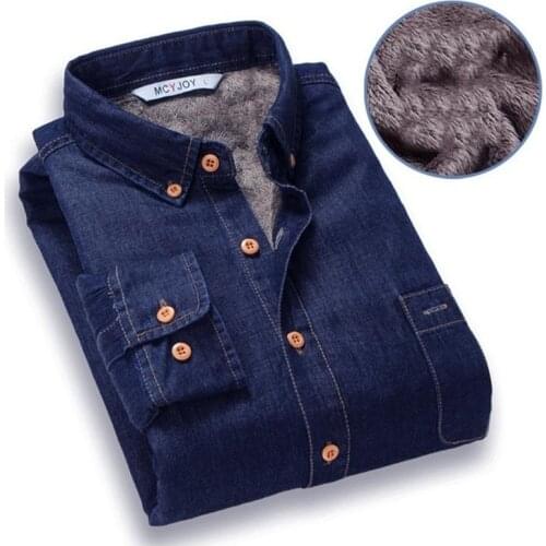 Winter Velvet Warm Denim Shirt Men Cotton Jeans Shirt with long sleeves Mens Denim Shirts Fleece Lined Casual Tops Plus Size 4XL