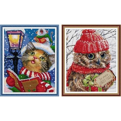 Joy Sunday Christmas Cat Owl Stamped Cross Stitch Kits Embroidery Patterns 11CT 14CT Printed Fabric Home Decor Gifts Needlework