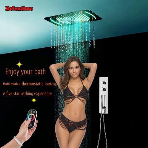 Thermostatic Concealed Shower Faucets Set Crystal Nozzle Glow LED Ceiling Shower Head Double Handle Mixer Bathroom Shower Panel