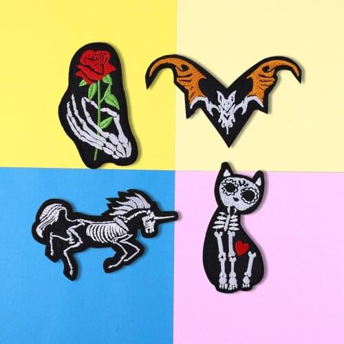 Punk style Cat skeleton Rose skeleton Patches Iron On Cartoon Animal horse bone badge Lady Appliques for Clothes Coat Decor