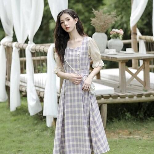 2021 Summer New Style Purple Green Fairy Sweet Lattice Square Collar Retro Slim Patchwork Buttons Party Cocktail Dresses 3250