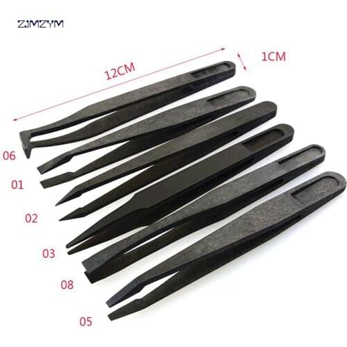 Multifunction Black New Portable Straight Bend Anti-static Plastic Tweezer Heat Resistant Repair Tool Pointed,flat,elbow head