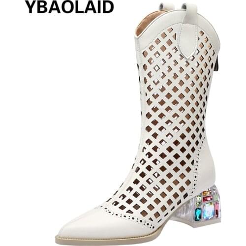 Pure Color Pointed Toe Hollowed Back Zipper and Tendon Bottom Sandals, Breathable V-mouth Crystal Chunky Heel Short Net Boots