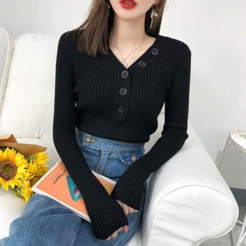 Autumn Women Sweater Sexy V-Neck Slim Button Solid Short Pullovers Ladies Long Sleeve Bodycon Bottom Jumpers