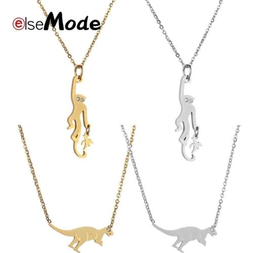 ELSEMODE Cute Monkey CZ Stone Pendant Necklace Jewelry Stainless Steel Animal Dinosaur Necklaces For Child Women Birthday Gift