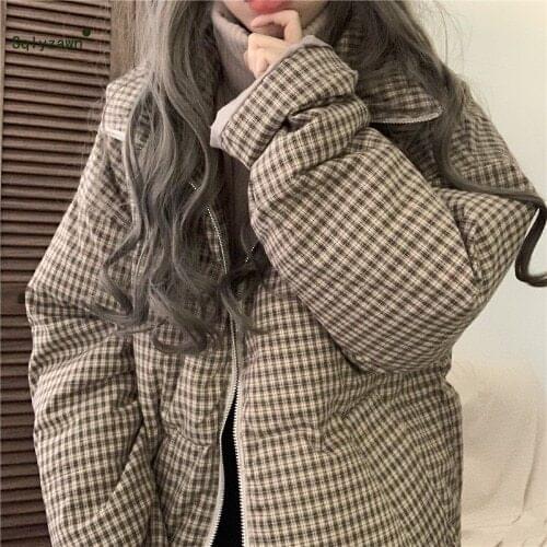 Winter Men Women Parkas Plaid Vintage Zipper Stand Collar Warm Winter Jacket Women BF Harajuku 2021 Christmas Coat Female