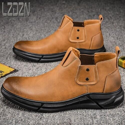 Tooling Trendy Mens Shoes Leather Chelsea Boots High-Top Martin High-Waist Washed Cowhide Handmade Without Shoelaces Large Size
