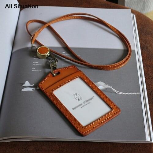 Luxury Vertical Identity Badge Holder Neck Lanyard For Office Work Genuine Leather ID Bus Card Set Elastic Easy Pull Buckle Tag