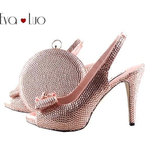 BS1040 Custom Handmade Peach Crystal Bow Slingbacks Shoes with Matching Bag High Heels Women Shoes Bridal wedding Shoes