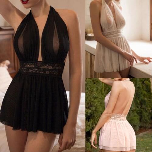 Sexy Lingerie WomenS Dress Lingerie Tulle Lace Halter Backless Transparent Dress Pajamas Lingerie lenceria sensual mujer