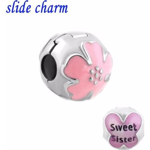 Slide charm Butterfly Sweet Sister Clip Stopper Beads For Charm Bracelets Fit Pandora bracelet