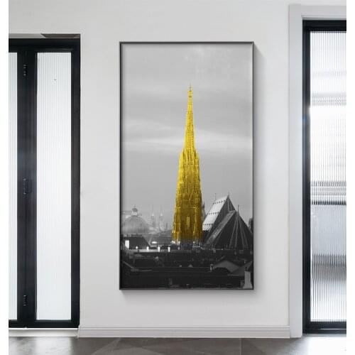 Modern Landscape Landmarks black yellow gold canvas painting posters and print unique wall art pictures for living room bedroom