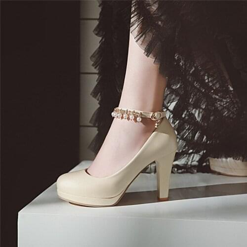 YMECHIC Crystal Ankle Strap Bead Tassel Party Wedding Shoes Bride Woman High Heel White Black Pink Beige Platform Pumps Summer