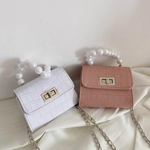 Vintage Women Pure Color Alligator Pattern Shoulder Crossbody Messenger Bag Casual Ladies Pearl Chain Small Handbags Mini Purse