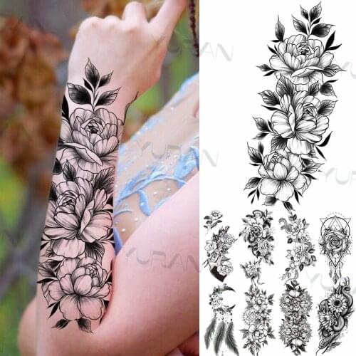 Forearm Peony Flower Temporary Tattoos For Women Forearm Thigh Adult Fake Gun Dream Catcher Snake Rose Tattoo Sticker DIY Tatoos