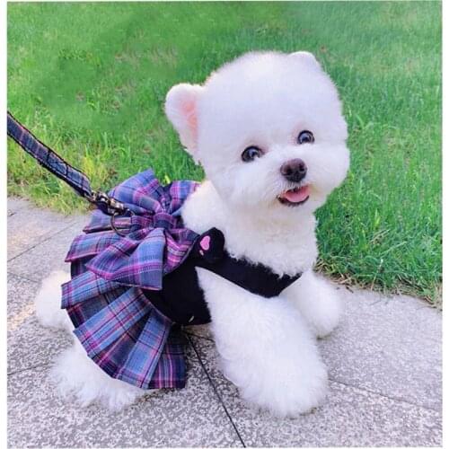 High Quality Bow Dress Dog Harness with Leash Cats Breathable Walking Harnesses Outside Vest Collar Lead for Chihuahua XXS-XL