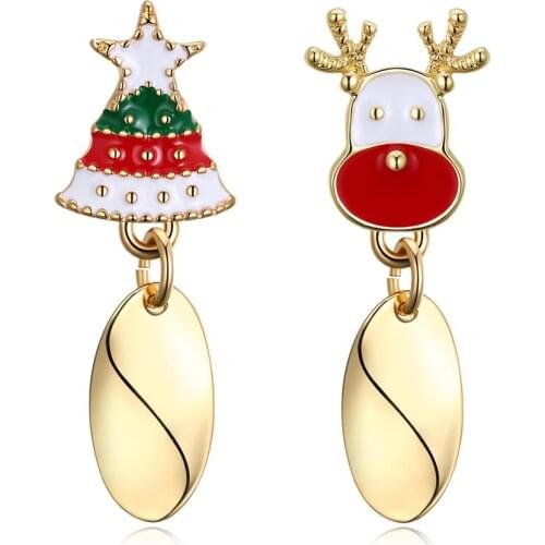 ZEMIOR Women Earring Christmas Tree With Elk 2 Colors Gold Plate Asymmetry Cute Stud Earrings Female Fashion Party Jewelry Gift
