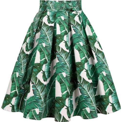 Retro French Women Midi Skirt 2021 Autumn Cotton Pleated Green Leaf Print Robe Hawaiian Beach Holiday Casual Ladies Chic Skirts